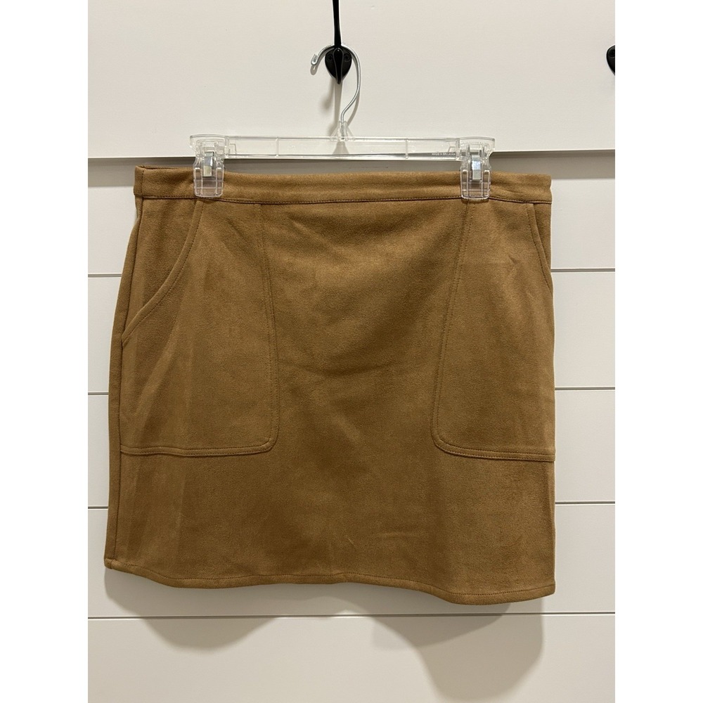 Hyfve Faux Suede Camel Skirt Mini Sz XL Academia Preppy Neutral Capsule Pocket